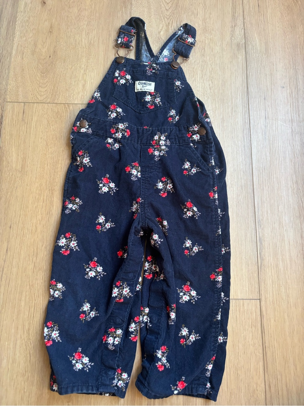 OshKosh B'gosh Navy Floral Button Legs Corduroy Baby Kids Overalls 24 months